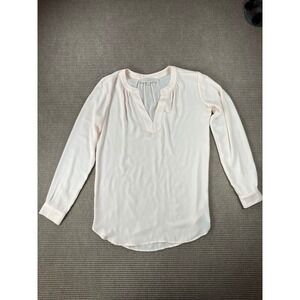 Ann Taylor LOFT Pale Pink Split V-Neck Pleated Long Sleeve Blouse XS Solid Blush